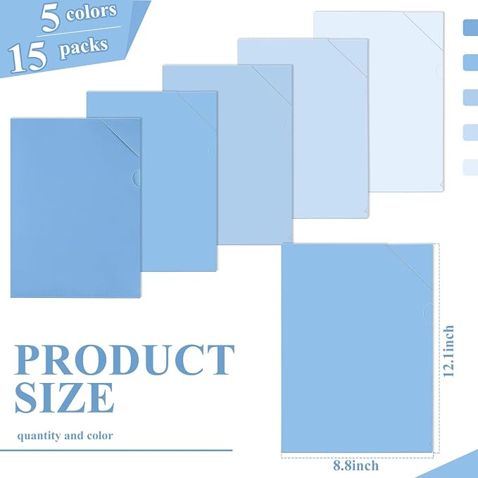 Kisston 15 Pack Blue Clear Plastic Folders Sleeves Project Pockets for Letter Size 12.1x8.8, L-Shaped Transparent File Jacket for School Office Desk Supplies