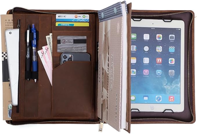 Crazy Horse Leather Portfolio Binder with 3-Zipper, 11-inch iPad Holder Padfolio, Executive Business Organizer for iPad Pro 13, Air 13, Mini, Document Case & Legal Pad Holder for Men & Women