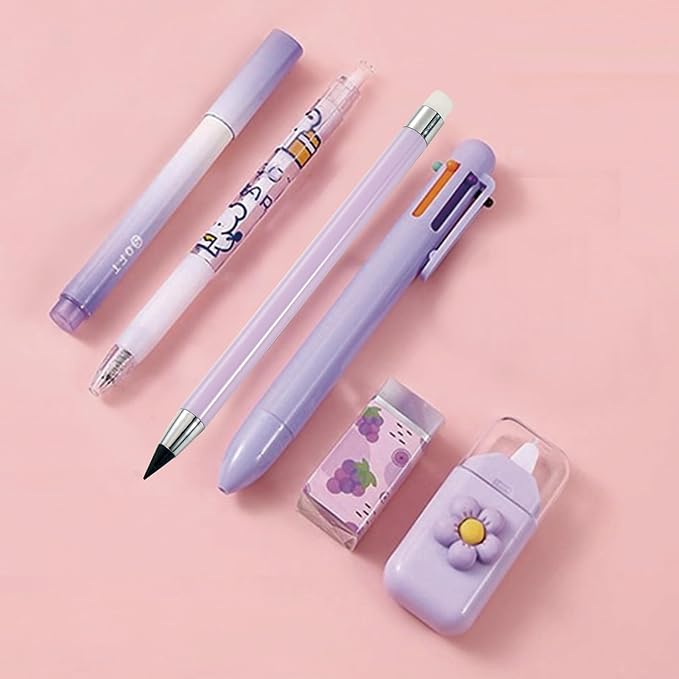MOZXIRZ 6 Pcs Cute Purple Stationery Set for Women Back to School Supplies Office Supplies Including Gel Ink Pens 6-in-1 Ballpoint Pens Pencil Eraser (Purple)