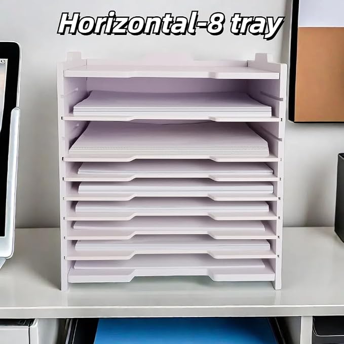 A4 Wooden Desk Letter Tray, Paper Organizer Storage with Adjustable Shelves, Stackable File Sorter for Notes, Pens, File Paper and Desk (A4&Landscape-8tray(with 7 Adjustable Shelves))