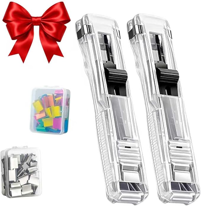 Portable Binder Clip Stapler Mini-Includes 58 Reusable Clips, Reusable Desktop Stapler with Clip Dispenser，Mini Push Stapler Clamp Staplers for Desktop Document Home School Desk (2PCS B)