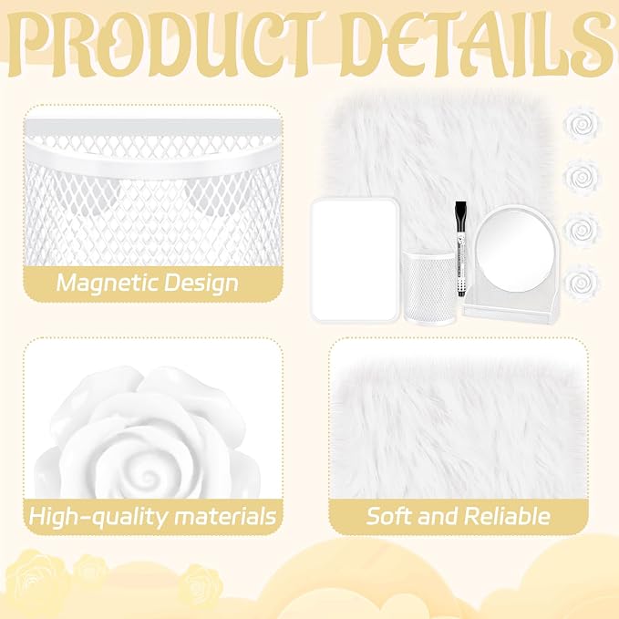 8 Pcs Locker Accessories Kit White Magnetic Mirror, Magnetic Pen Holders, Cute Flower Magnets,Locker Organizer Kit White Locker Accessories for Girls Back to School Essentials