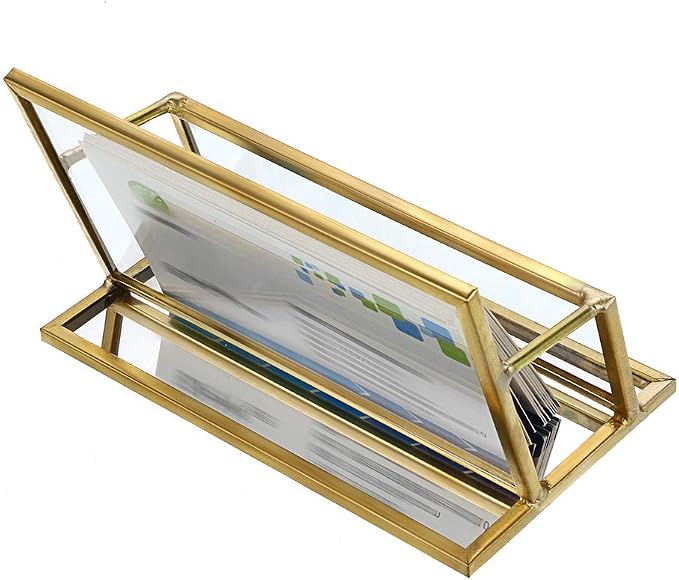 Hipiwe Glass Business Card Holder Stand - Vintage Gold Metal Name Card Display Stand Office Desktop Countertop Business Card Organizer