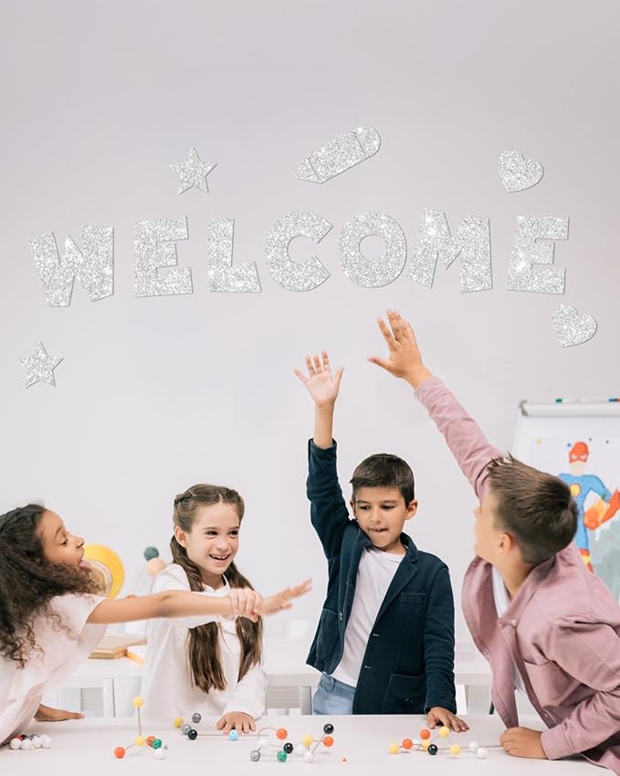 243 Pcs Glitter Bulletin Board Letters Set, 4 Inch Alphabet Poster Board Cardboard Cutouts with Numbers and Punctuation, Classroom School Wall Display Decorations (Sliver)