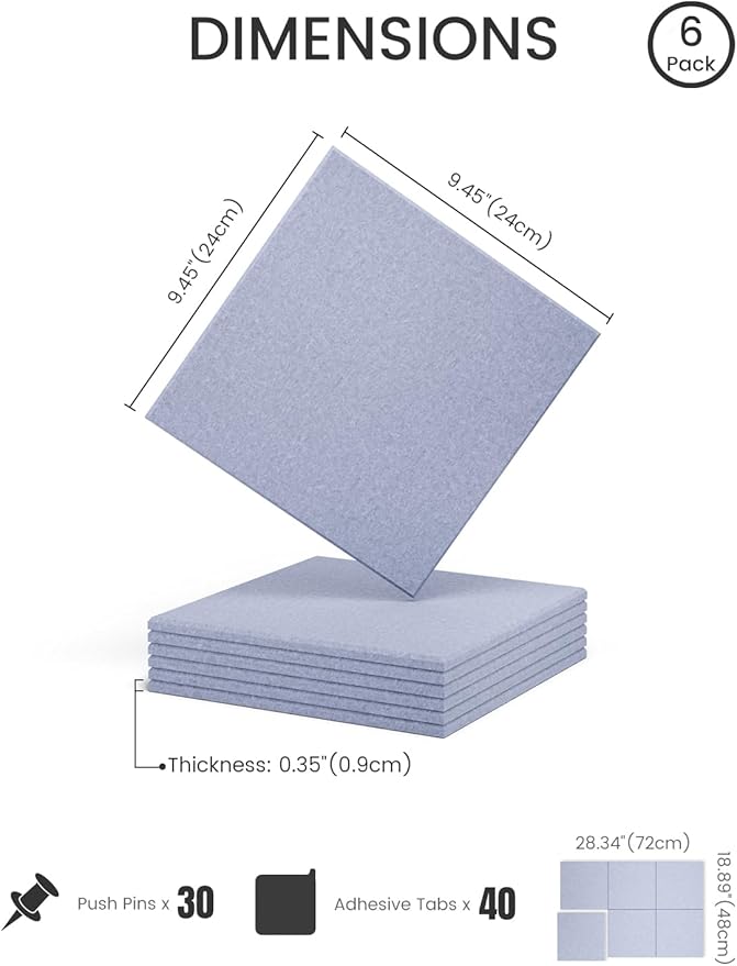 Fluxynara Felt Bulletin Board Tiles -28"x18" Cork Board Alternative for Office Decor, Push Pin Board Wall Organizer 6-Pack -Soft Periwinkle