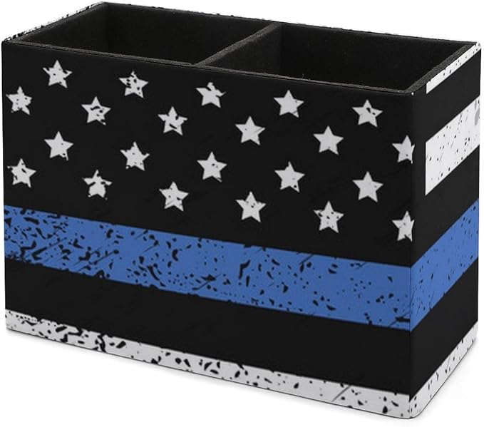 Office Storage Pen Holder Thin Blue Line Retro American Flag Police Pattern Black, Decoration Office Desk Square Pens Pencils Holder, Pencil Desk Organizer in PU Leather, Pencil Container