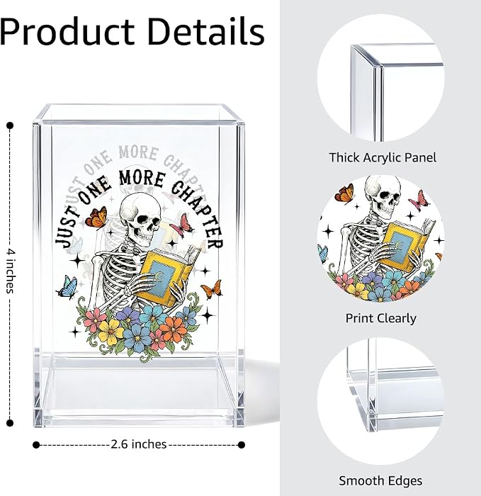 Just One More Chapter Acrylic Pen Holder Cosmetic Organizer, Fun Skeleton Book Pen Pencil Holders for Desk, Reading Nook Accessories for Readers Librarian Bookworm, Bookmark Holder for Bookshelf