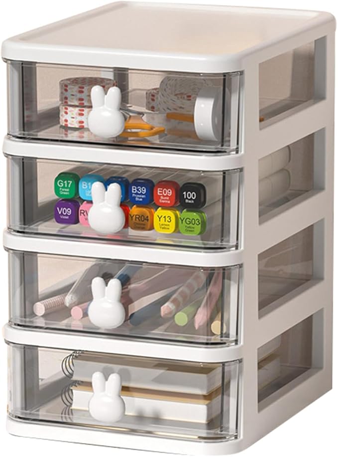 Plastic Desktop Storage Box Drawers, Stackable Desk Organizer with Bunny Handle Desktop Drawers Multi Tier for Office School(Clear) (White Four Layers)