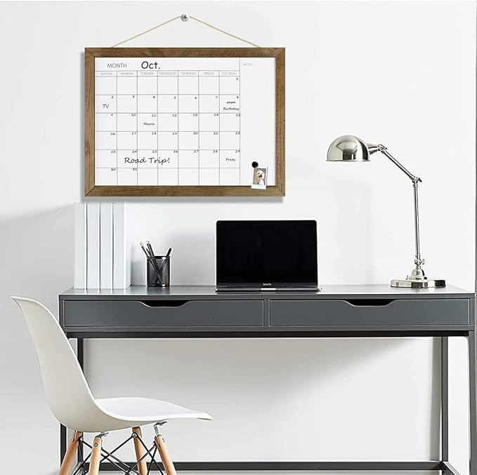 TORASO Dry Erase Monthly Calendar Board, Solid Pine Wood Frame Magnetic Whiteboard for Wall, Office/School/Home, Hanging Board 12"x 16"(YL-RB-3040-A)