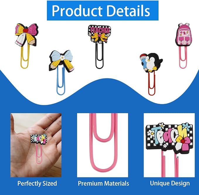 Teachers Paper Clips 24PCS Cute Paper Clips Stationery Supplies for Teacher Gifts End of Year Teacher Gifts Thank You Teachers Gift Office Supplies Fancy Bookmarks