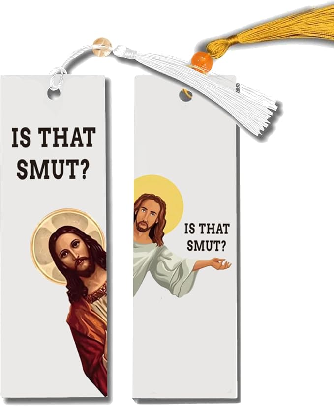 2 Pack Peeking Jesus is that Smut?Bookmark Inscribed with Hilarious Text and Tassels for Book Lovers,Funny Bookmarks for Adults Humor(Yellow&White)