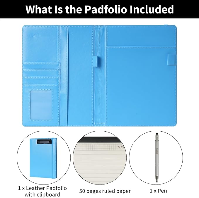 Wonderpool A5 PU Leather Clipboard Partfolio Notepad Forms Holders Document Case - Interview Planner Meeting Writing Padfolio File for Office Travel School Hotel (Sky Blue, A5)