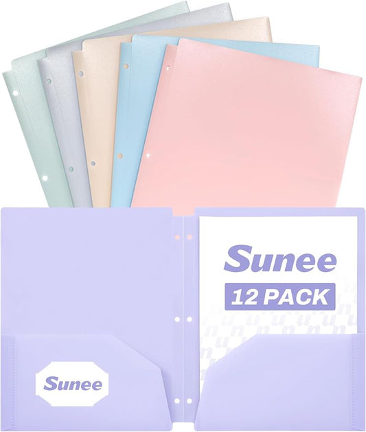 SUNEE 3 Hole Pocket Folders (12 Pack, Pastel Color) Plastic Pocket Folders for 3 Ring Binder, 3-Hole Punched Folders with Pockets, for Kids, Students, Teachers, Office Staff