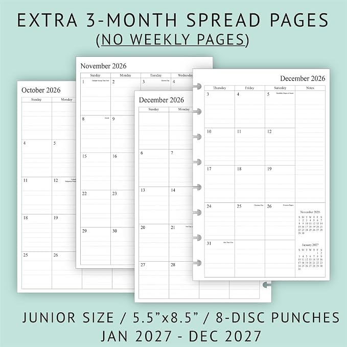 2027 Weekly & Monthly Planner Refill for 8-Discbound Planners, Two Pages Per Week, Junior Size, 5-1/2"x8-1/2"