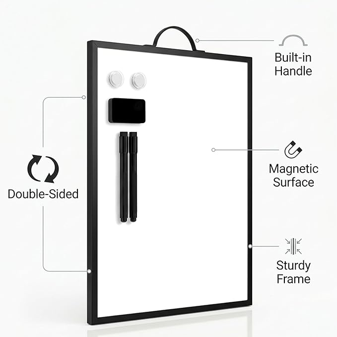 Black Magnetic Dry Erase Whiteboard 12 x 16 Double Sided, Portable Desktop Small White Board with Handle, to Do List Note Board, Write and Wipe for Desk Wall, Includes 2 Markers Eraser 2 Magnets