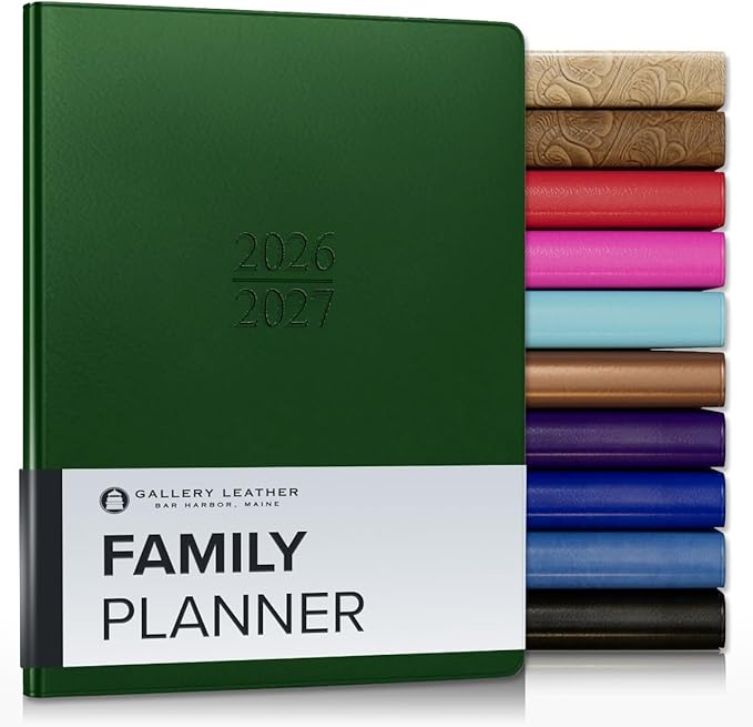 Gallery Leather Family Planner 2027, for moms, Elegantly Bound Calendar Planner and Notebook with Stylish White Page Edges, 18 Months - Freeport Metallic Hunter - 9x7"