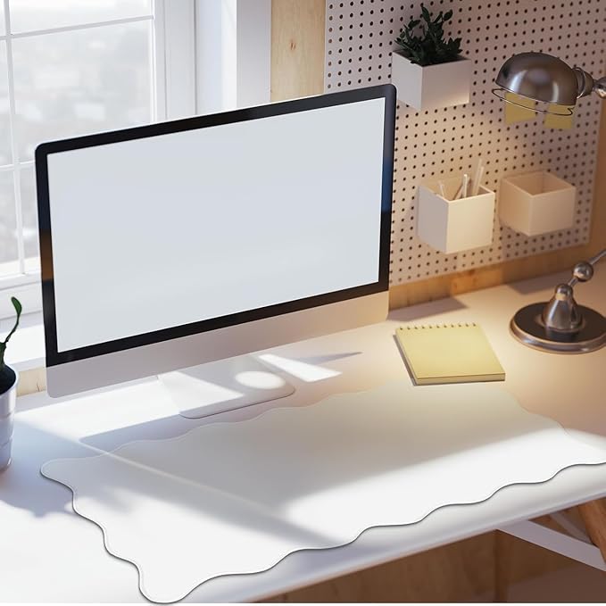 Hahafelt Scalloped Desk Mat Large Desk Pad Cute Coquette Table Mat Back to School Preppy Table Make up Pad Nonslip Graduation Gift with Stitching Waterproof Gaming(White,23.6 x 13.8 Inches)