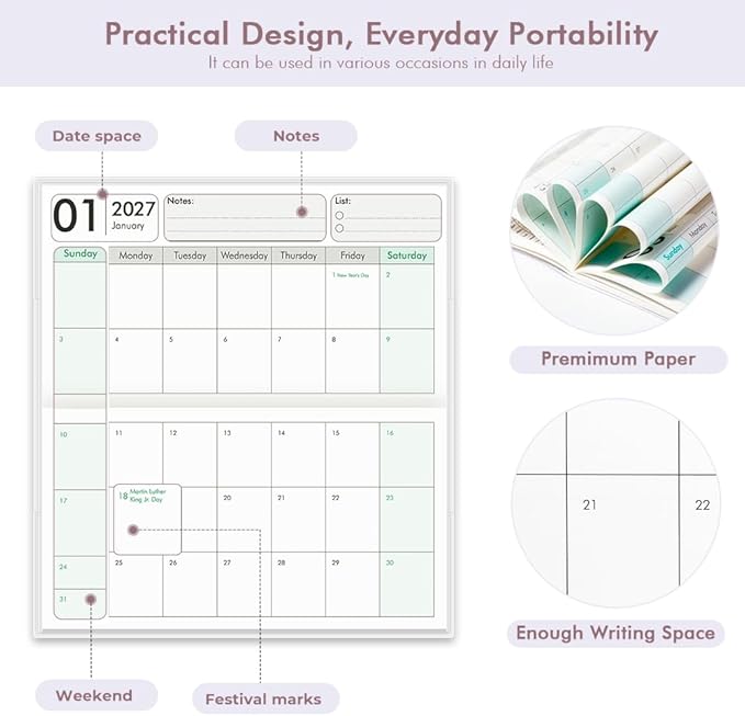 Pocket Calendar 2027-2028 for Purse, Small Pocket Planner 2027-2028 for Purse 3.5×6.5In,24 Month Organizer from Jan 2027- December 2028 Mini Planner with Pvc Cover for Organizing & Planning