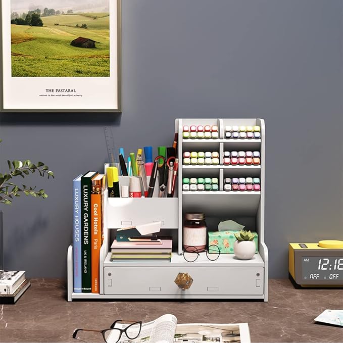 Hggzeg Desktop Pen Organizer, Stationary Organizer with Drawers and 2 File Holder, Art Supply Storage, Multi-Functional Pen Pencil Holder, for Home, Office and School