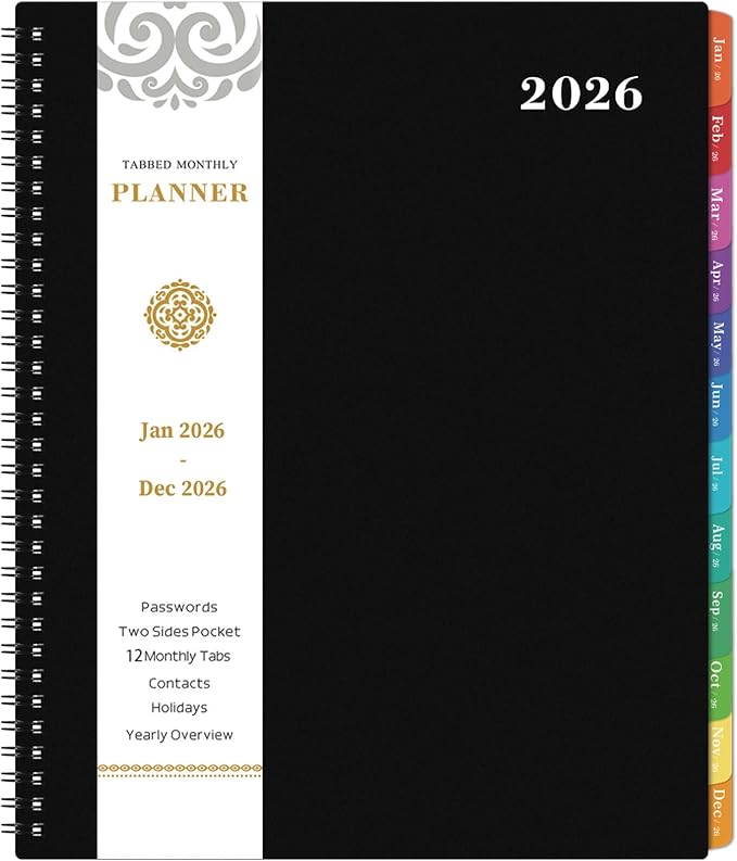 2026 Monthly Planner - Jan 2026 - Dec 2026 Planner/Calendar,12 Monthly Planner with Contacts & Passwords, 8.5" x 11" Planners 2026, Colorful Tabs, Thick Paper, Black
