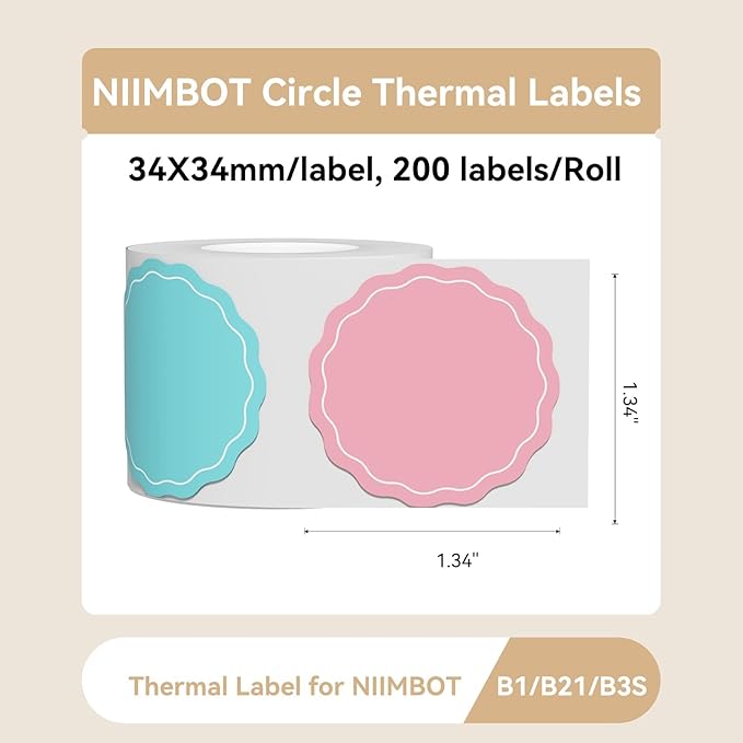 NIIMBOT Thermal Stickers, 200 Round Labels for B21/B1/B3S Label Printer, 1.34'' x 1.34''(34x34mm), Waterproof, Oil-Proof Label Tape