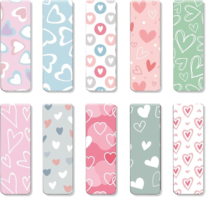 Magnetic Bookmarks for Book Lovers, 10 Love Pattern Designs | Cute Magnet Page Markers, For Students Teachers Adults, Home Office Reading Stationery, Assorted Book Markers
