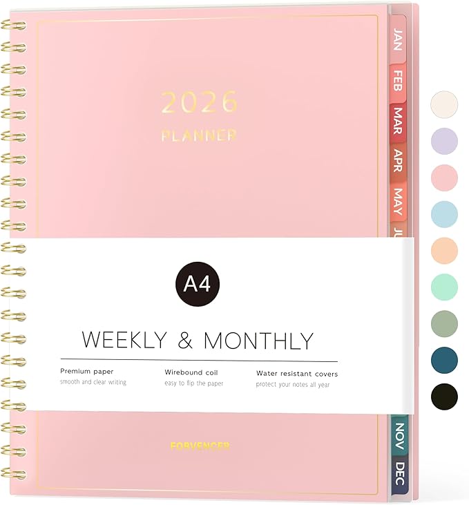 2026 Planner, Forvencer Calendar Planner Weekly and Monthly (Jan 2026-Dec 2026), 8.5" X 11", Agenda Book, Daily Journal Notebook with Tabs, Flexible Cover, Home School Organizer, A4, Pink