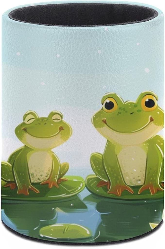 Four Happy Frogs on Lily Pads Pencil Holder Round Pen Cup Sunny Day Time PU Leather Marker Holder Makeup Brush Holders Desk Accessories Workspace Organizers for Home School Office