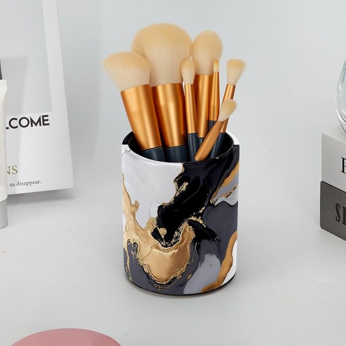Leather Pen Holder for Desk, Black Marble Makeup Brushes Holder Pencil Cup Multifunctional Desktop Organizer Caddy for Home School Office Desk Accessories