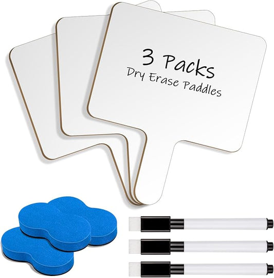 Dry Erase Paddles with Handle, 3 Pack Double Sided Answer Paddle White Boards with Markers and Erasers for Teaching Meeting Supplies