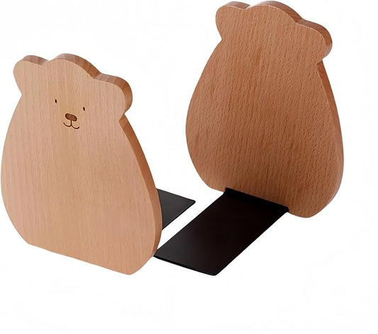 Cute Bear-Shaped Book Ends for Shelves, Detachable Design Bookends for Heavy Books, with Anti-Slip Foam Pads, an Ideal Gift for Book Fans (Pack of 2,Beech Wood Bear)