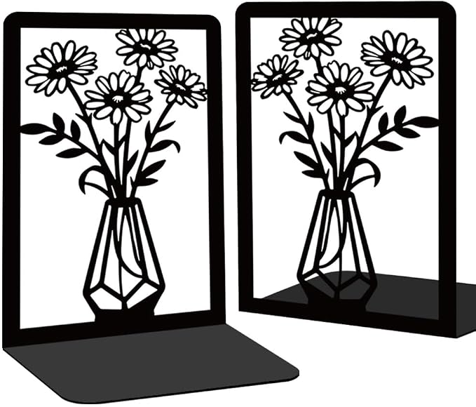 BEUNITONE Daisy Book Shelf Decorative Bookends for Shelves, Non-Slip Book Ends for Heavy Books, Flower Shelf Metal Bookends for Desk Organizer, Office Library Decor Decorative Books for Home Decor