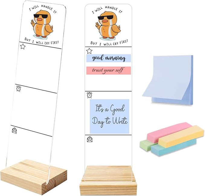 Sticky Notes Monitor Memo Board Acrylic Holder with Removable Wooden Base, But I Will Cry First Logo Desk Set with 200 Sheets Two Sizes Sticky Notes, Office Desk Accessories Organizer