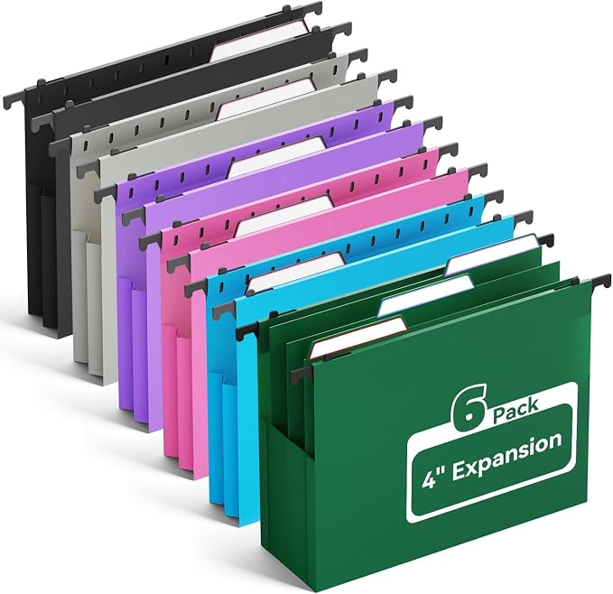 Ansook Plastic Hanging File Folders Letter Size, Expandable 4 Inch File Folders with 1/5-Cut Tabs, Pastel Hanging File Folder Organizer for for Filing Cabinet, Bulky Files & Medical Charts - 6 Pack