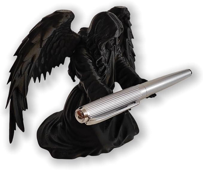 Angel Pen Holder with Hand-Polished Feather Wings, Desktop Organizer, Home & Office Decor, Guardian Gift (Black)
