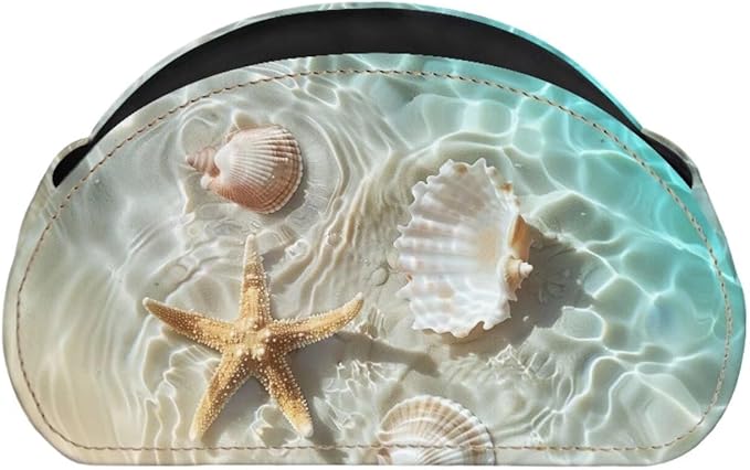 Forchrinse Starfish See Shell Remote Control Holders for Table 5 Compartment Leather Remote Caddy Desktop Storage Organizer Tray for Home Office School