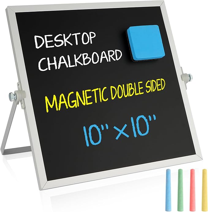 Small Magnetic Chalk Board Easel 10"X10", Double-Sided Tabletop & Wall Hanging Chalkboard with 4 Chalks & Eraser, Desktop Mini Black Board Sign for Office Desk Home Menu and School