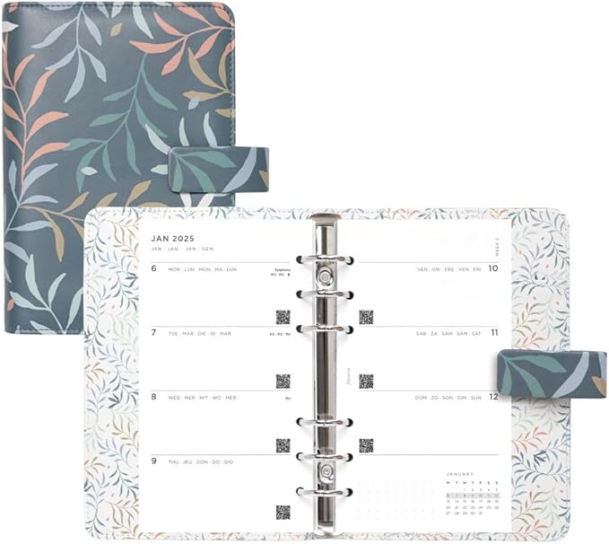Filofax Botanical Organizer, Personal Size, Blue - Smooth, Leather-Look, Six Rings, Week-to-View Calendar Diary, Multilingual, 2025 (C022645-25)