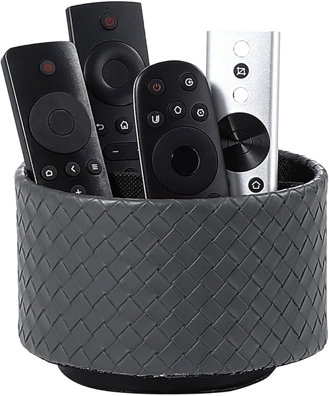 Rotating Remote Holder, PU Leather 360 Degree Rotating Desktop Organizer with 4 Compartments, Makeup Brush Holder Organizer for Vanity Desk, Grey PH118