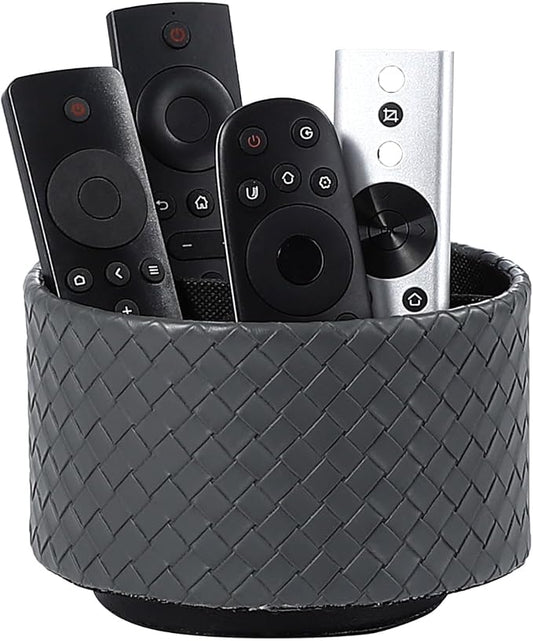 Rotating Remote Holder, PU Leather 360 Degree Rotating Desktop Organizer with 4 Compartments, Makeup Brush Holder Organizer for Vanity Desk, Grey PH118