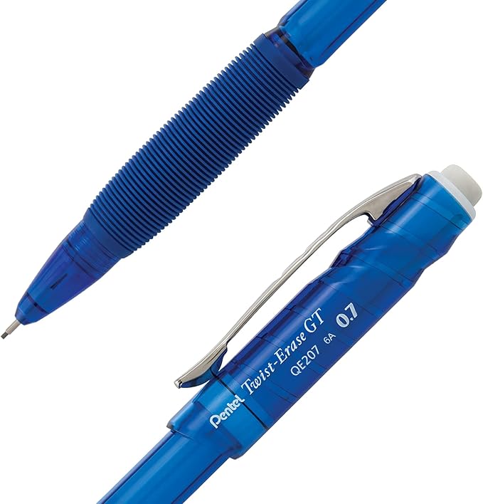 Pentel Twist-Erase GT, 0.7mm, Mechanical Pencil Transparent Blue, Box of 12 (QE207C)