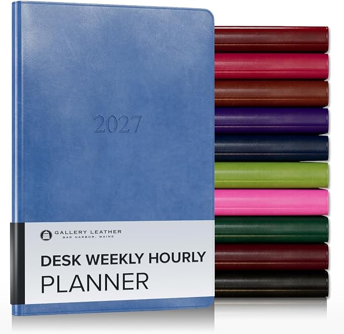 Gallery Leather Desk Hourly Weekly Monthly Planner 2027, Elegantly Bound Calendar Planner and Notebook with Stylish Gold-Gilded Page Edges, 12 Months - Acadia Hydrangea - 8x5.5"
