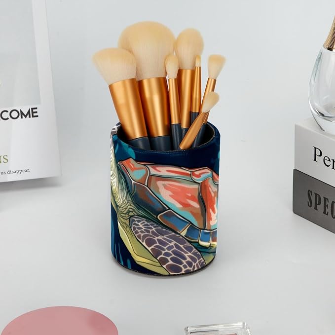 Pen Holder for Desk, Sealife Turtle Leather Round Pencil Cup Stationery Supplies Holder, Large Capacity Makeup Brush Holder for Home, Office