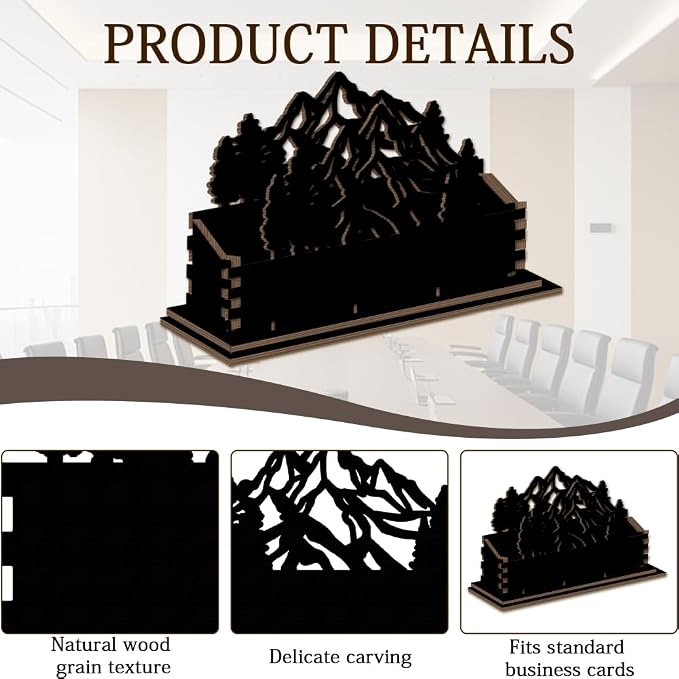 2Pcs Mountain Business Card Holder for Desk 4.5 x 1.6 x 3.5 Inch Business Card Display Stand Black Mountain Forest Wooden Decorative Organizers for Office Desktop Home Tabletop Decorations