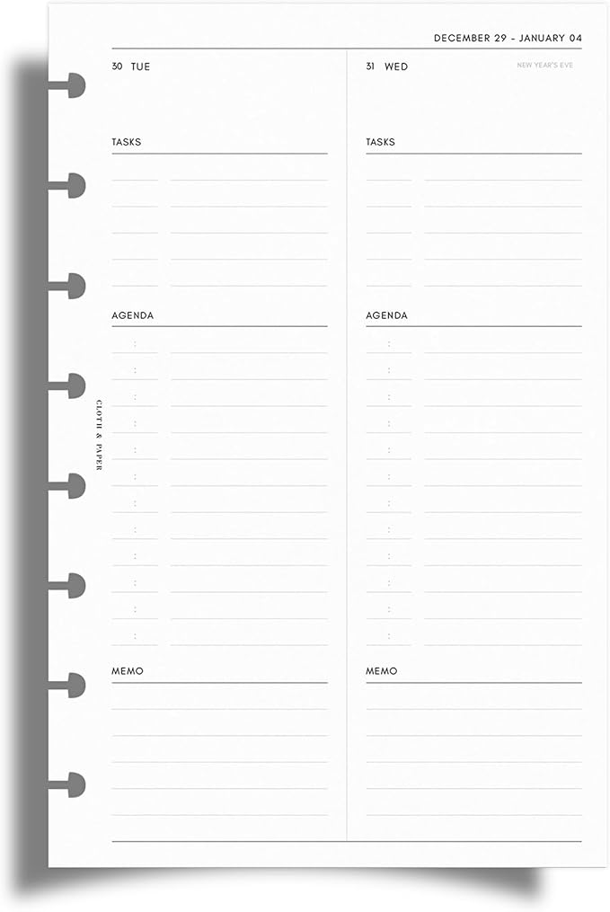 Cloth & Paper 2026 Dated Daily Planner Inserts - Monday Start | Half Letter Size 5.5 x 8.5 Inches | Discbound Planner Refill |2 Days Per Page | 8 Disc Punch | Daily Organizer Pages | Heavyweight Paper
