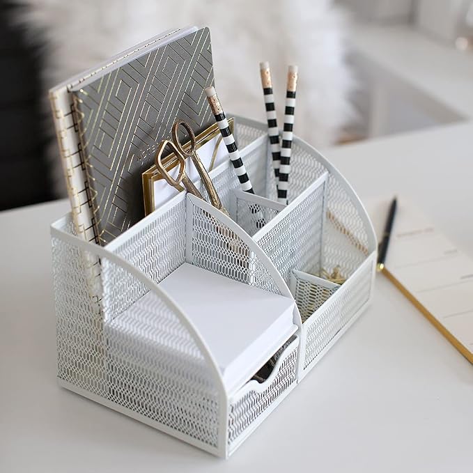 BLU MONACO | White Metal Mesh Desk Organizer with Drawer | 6-Compartment Desktop Storage for Office, School, Kitchen & Home | Modern Workspace Organizer for Pens, Papers, Supplies & Accessories