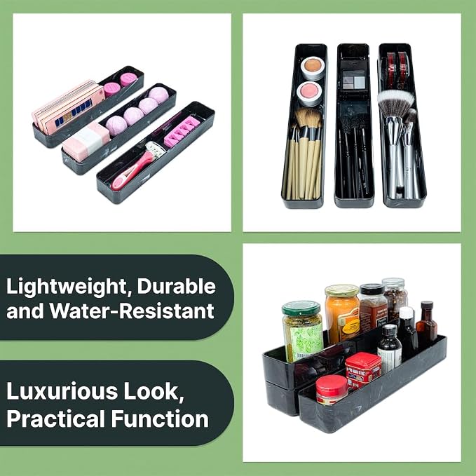 Best Kept | Pantry Organizer | Plastic | Shower Shelves | Makeup Brush Organizers | 3-Piece Dark Grey Marble Trays