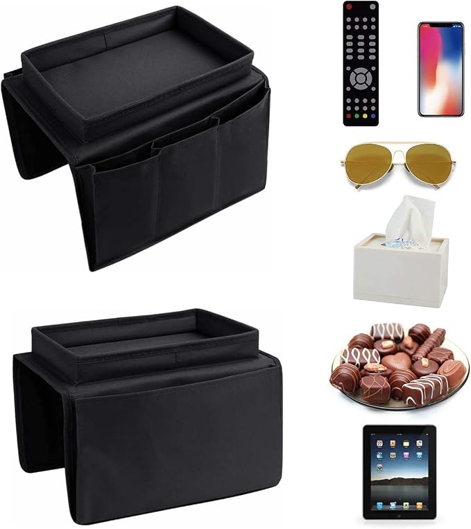 Sofa Armrest Organizer with Cup Holder No-Slip Couch Sofa Armrest Organiser Couch Remote Caddy Control Holder with 1 Large Pockets and 3 Small Pockets for Smart Phone Magazines Ipad Drinks (Black)