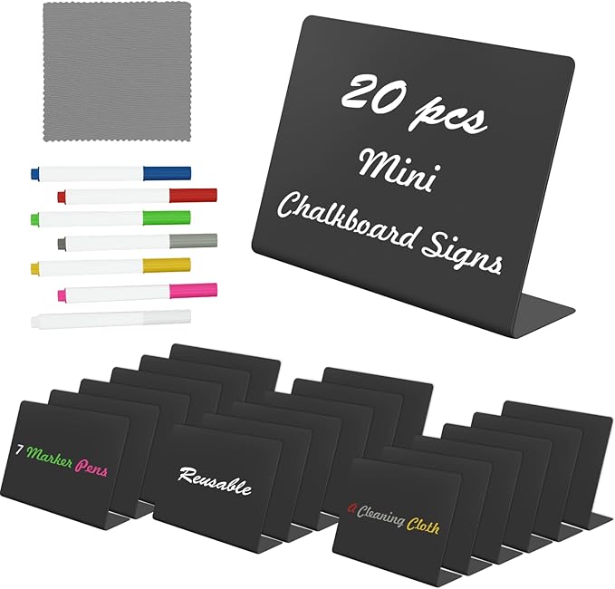 Mini Chalkboard Food Labels 20-Pack - 4x3 Inch L-Shaped Blackboard Signs for Restaurants, Wedding Reception, Birthday Party, Dessert Table with 7 Color Chalk Pens & Cleaning Cloth