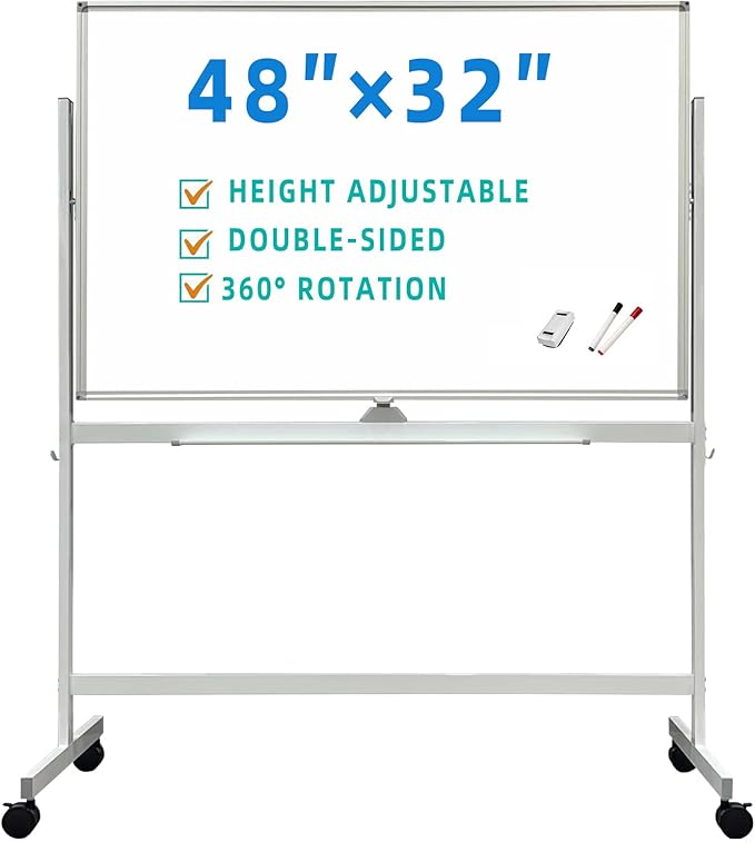 BIBOC Large White Board 32x48 Inches - Mobile Rolling Whiteboard on Wheels, Double-Sided Height Adjustable Dry Erase Board with Stand for Office, School, Home
